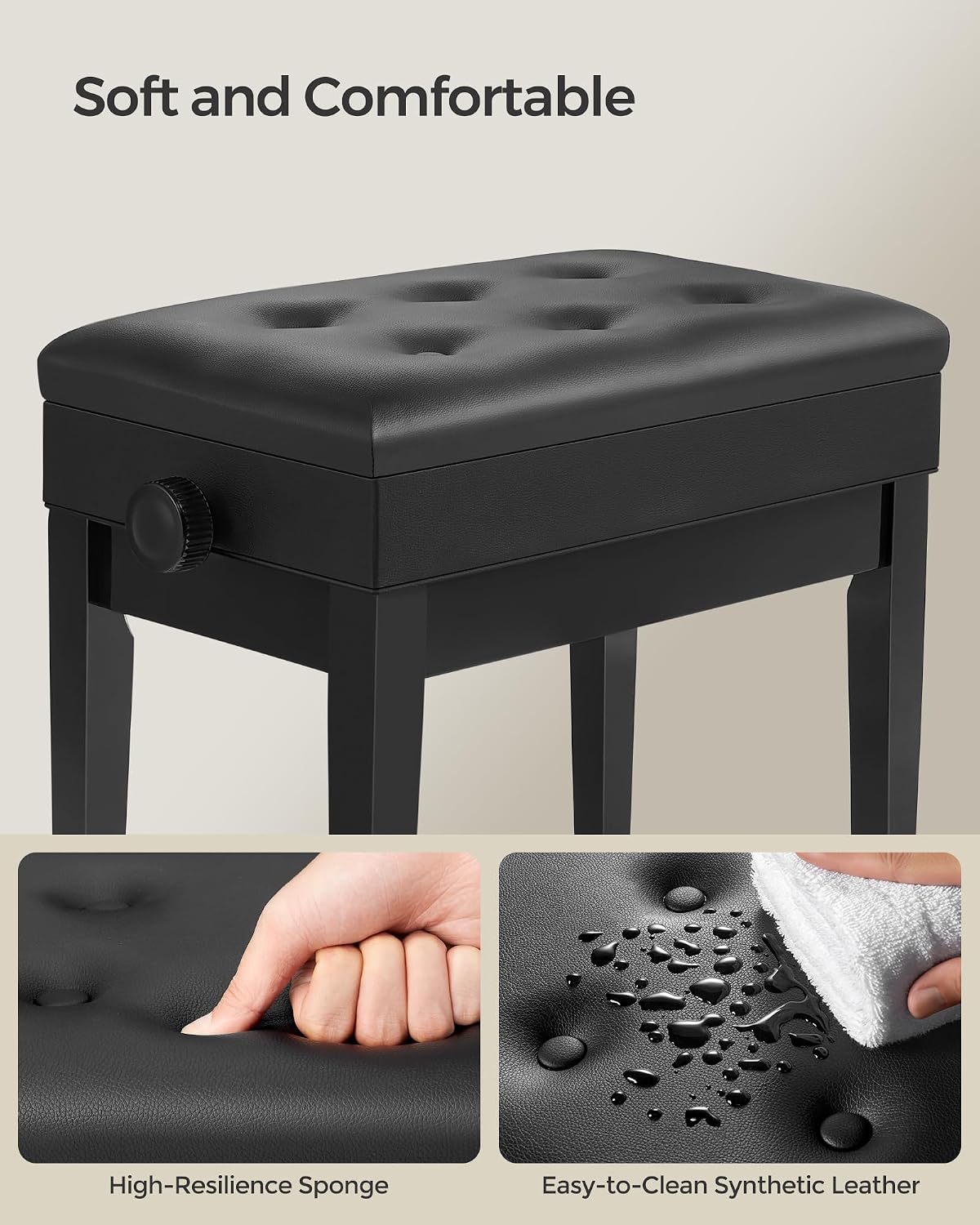 Thumbnail 6 de SONGMICS ULPB57H Adjustable Piano Bench with Storage, Black Faux Leather