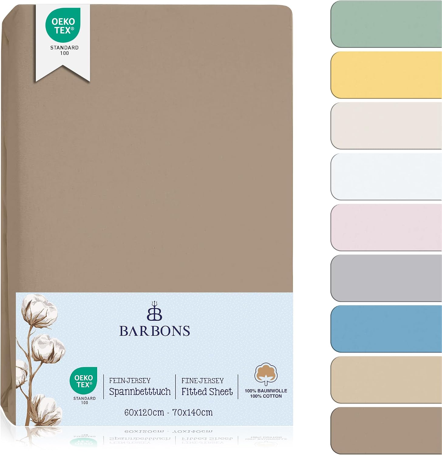 Detalle de BARBONS Spannbettlaken für Baby- und Kinderbett 60x120 / 70x140 – 100% Baumwolle Jersey, OEKO-TEX, 2er-Pack Taupe