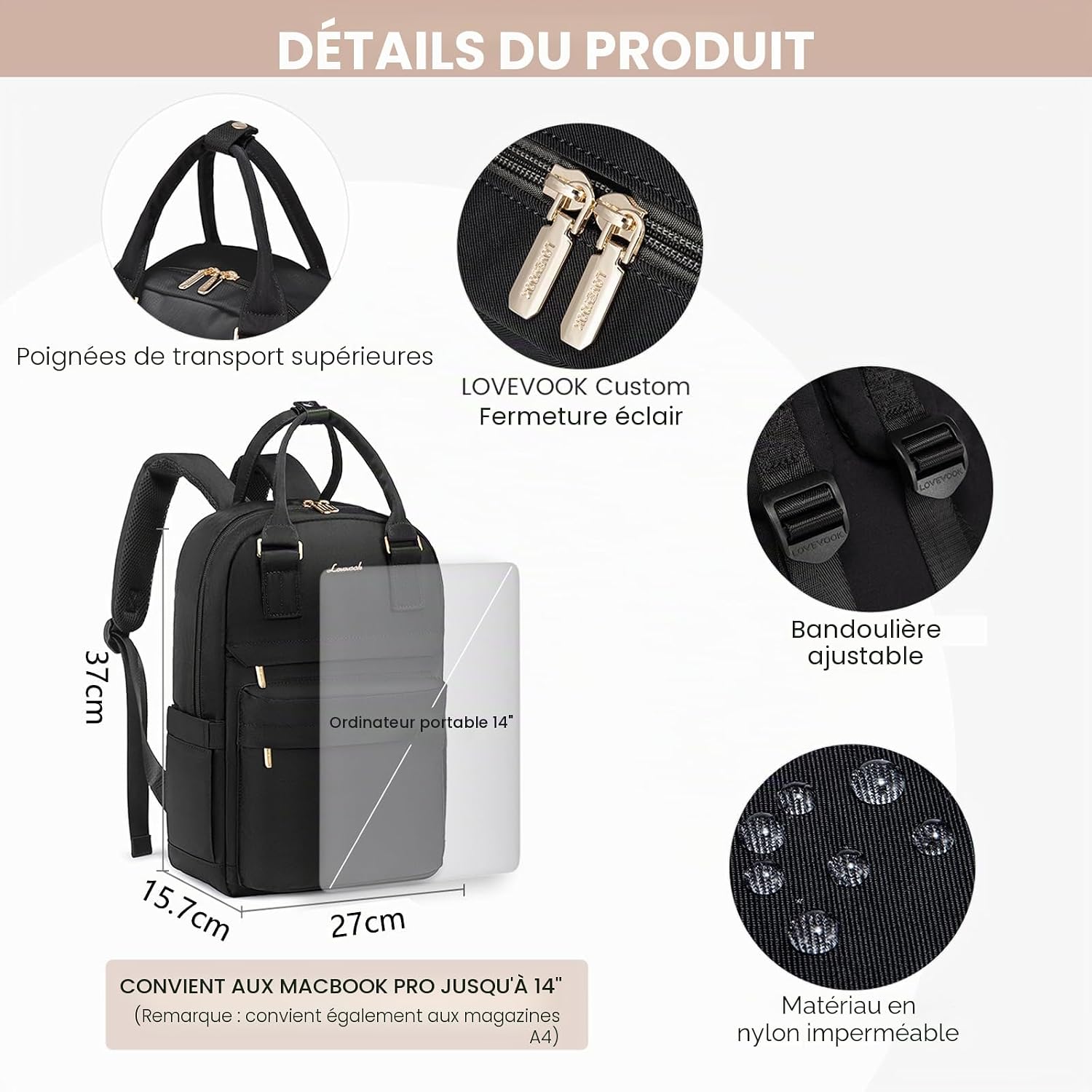 Detalle 2 de LOVEVOOK sac à dos femme étanche 14 pouces – 2 en 1, élégant et polyvalent