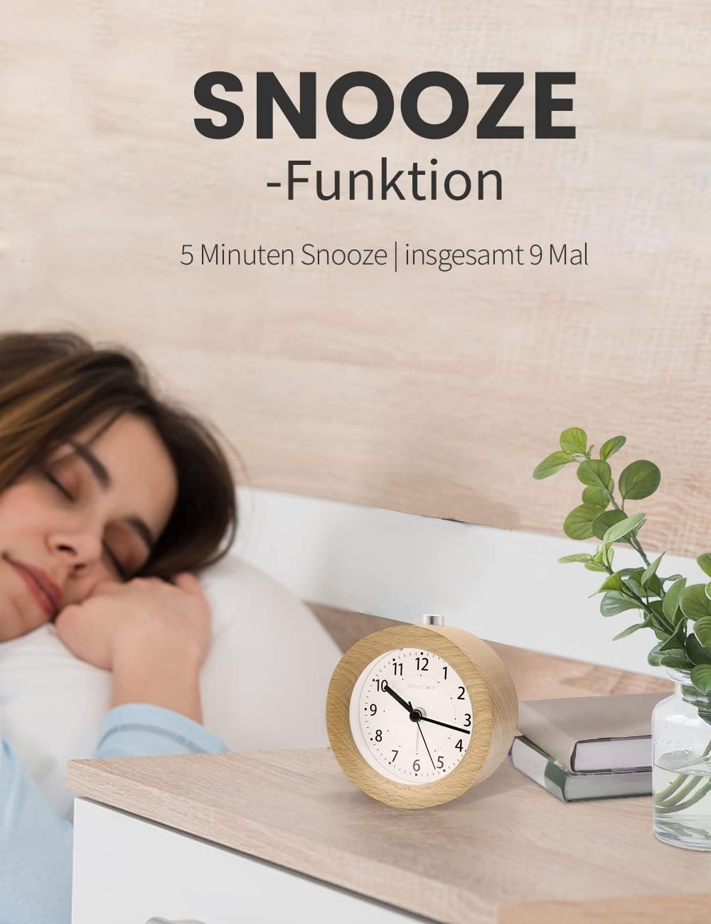 Thumbnail 3 de aboveClock Analog-Wecker aus Holz ohne Ticken mit Snooze und Nachtlicht (Naturholz hellbraun)