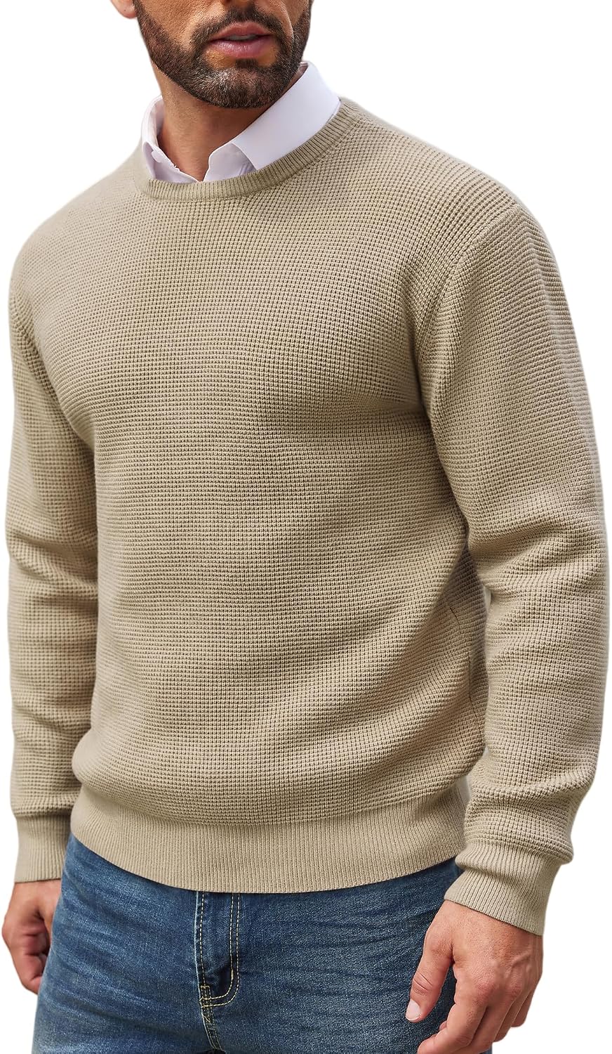 Detalle de COOFANDY Pull Homme à Col Rond — tricot gaufré, hiver élégant et polyvalent