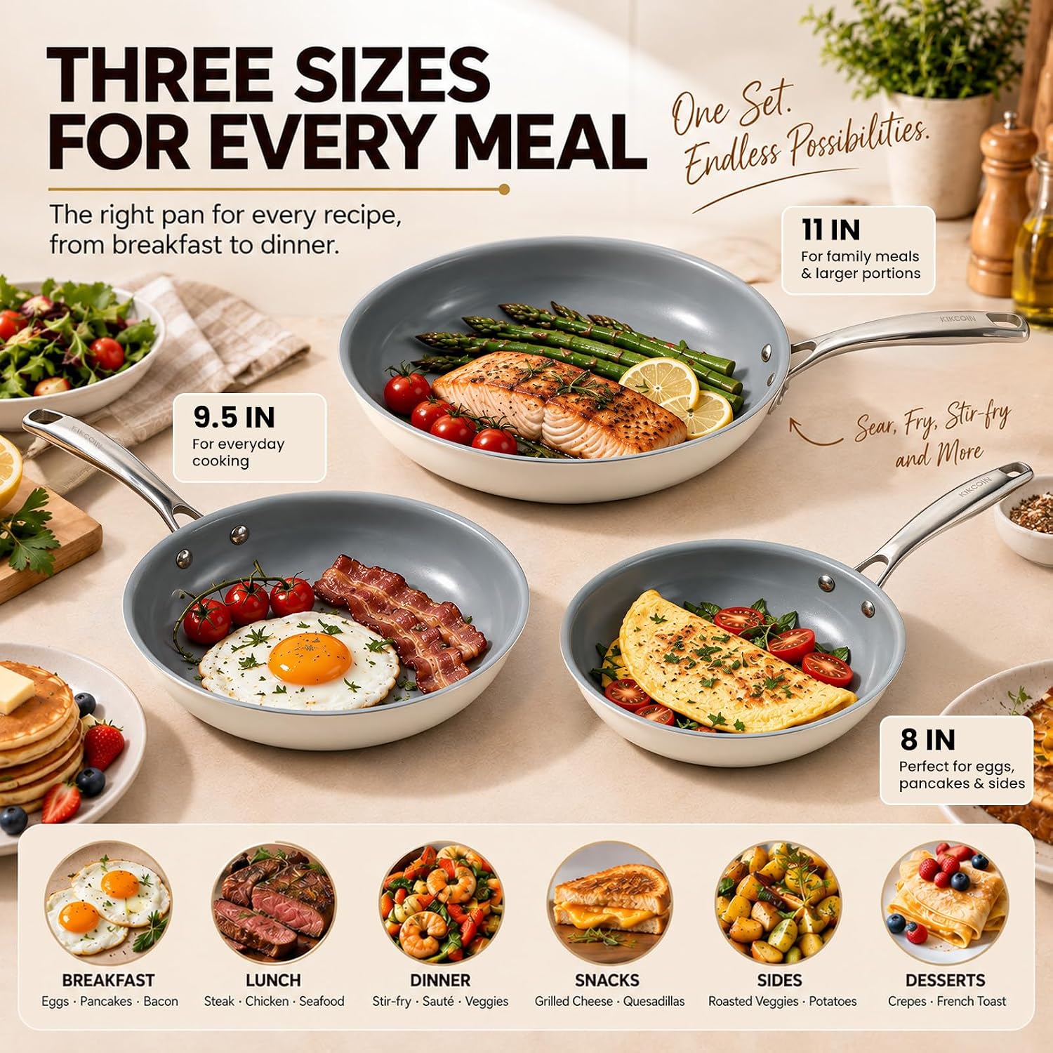 Detalle 2 de Kikcoin Ceramic Frying Pan Set 3-Piece