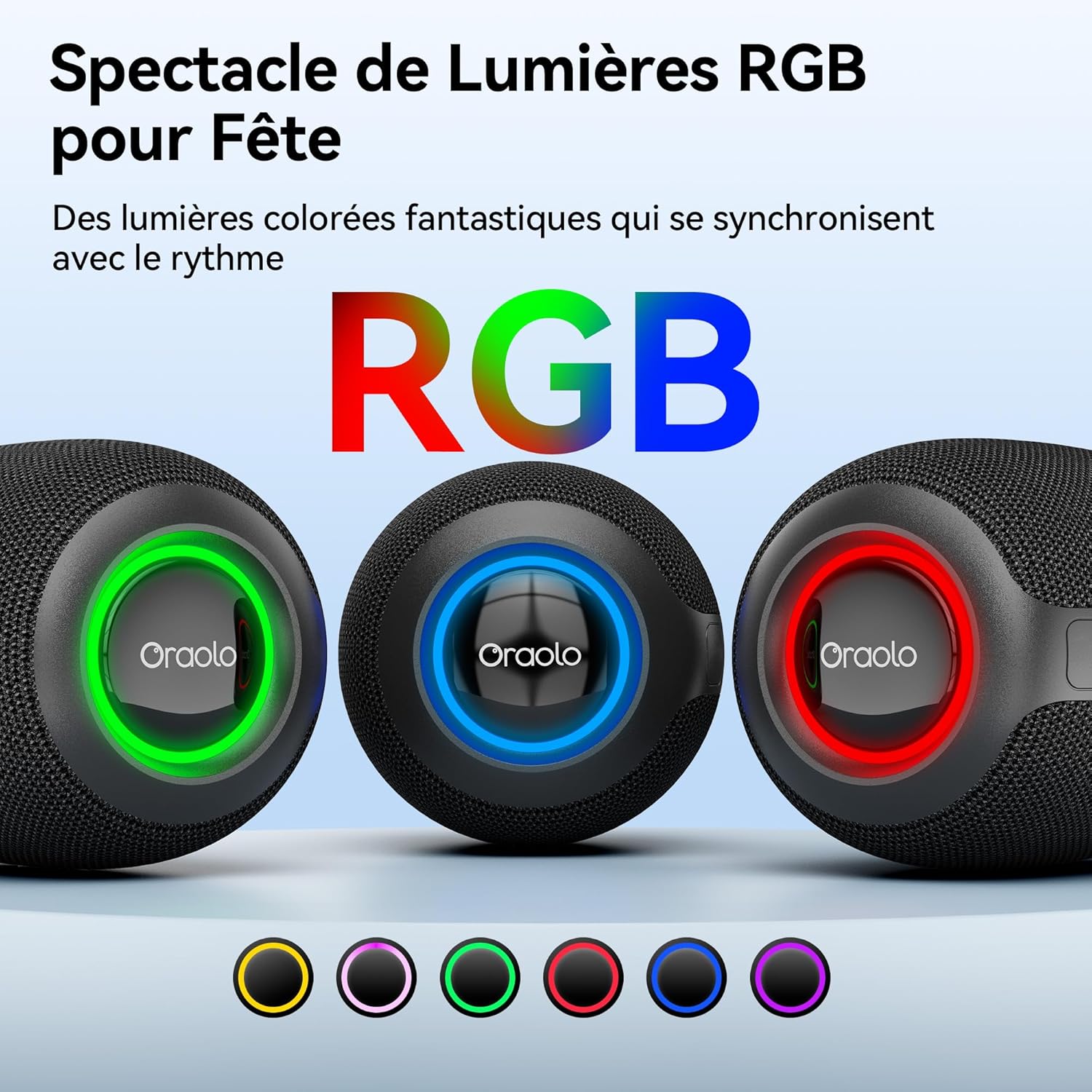 Detalle de oraolo Mini Enceinte Bluetooth Portable – 24W, IPX7, Bluetooth 5.3, lumière RGB et appairage TWS