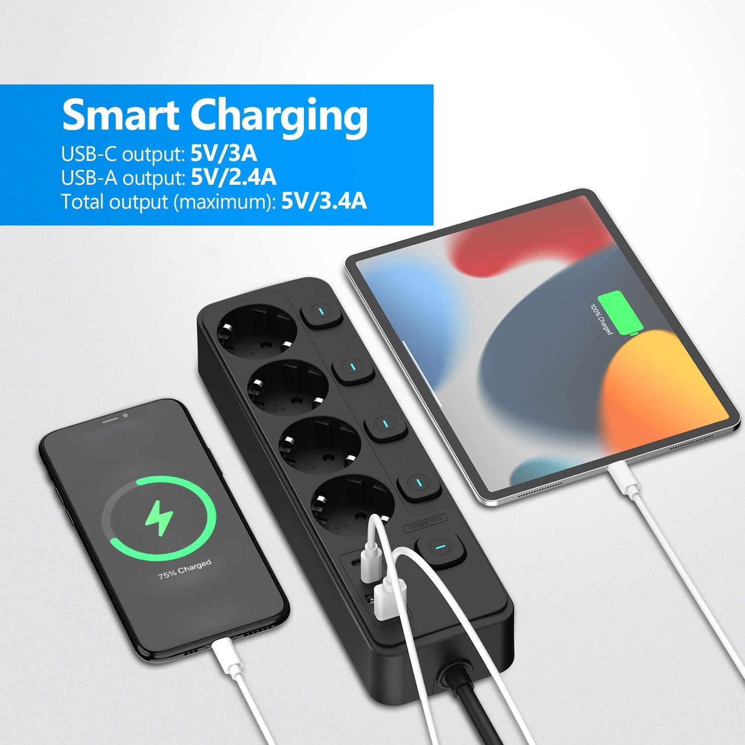 Thumbnail 3 de JSVER Multiprise USB avec interrupteurs individuels, 4 prises CA et 2 USB-A (2 ports USB-C) noire