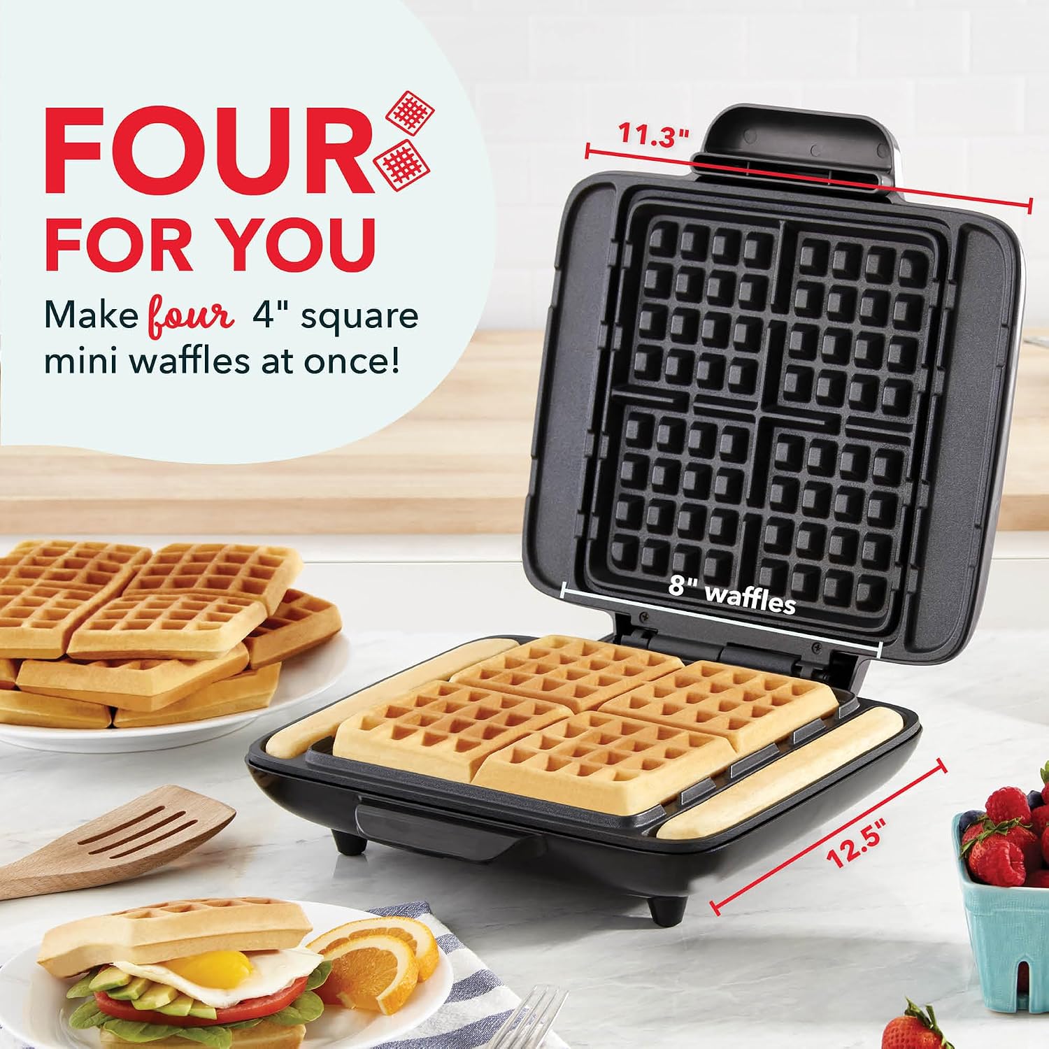 Detalle 2 de Dash No-Drip Quad Waffle Maker, Silver ๐ง