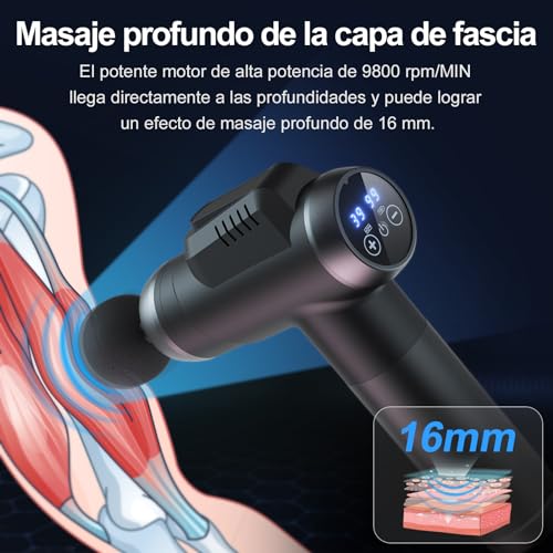 Detalle de Pistola de Masaje Muscular 99 Niveles, Cabezales y Pantalla LCD 😊