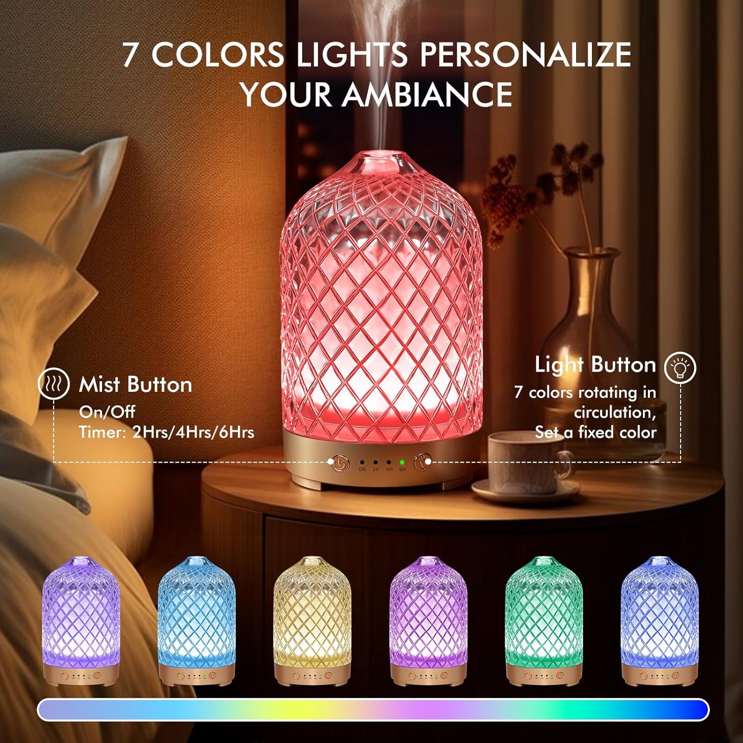 Detalle de Essential Oil Diffuser Glass Electric Aromatherapy Diffuser 200ml with Auto Shut-Off and 7 LED Lights