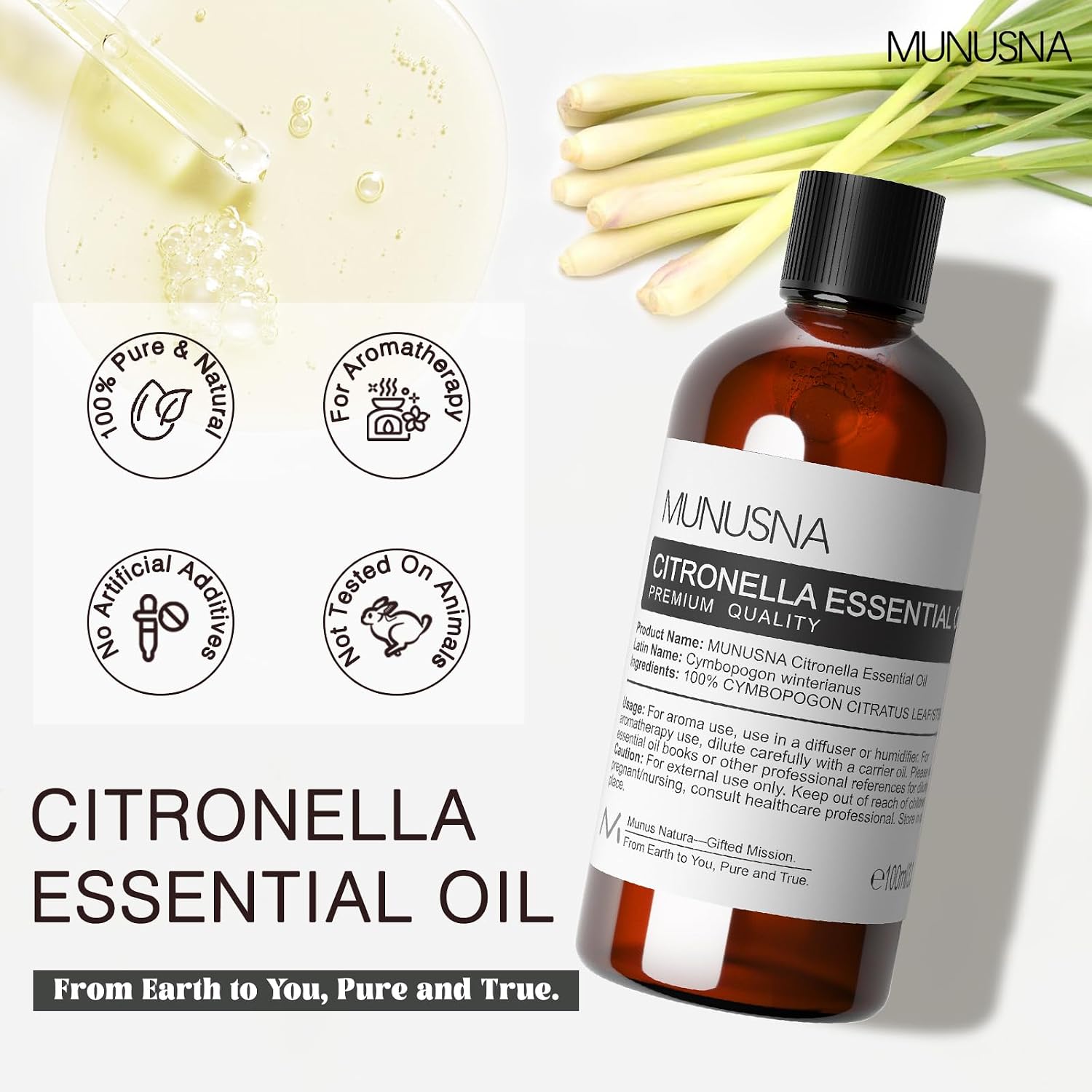 Detalle de MUNUSNA Citronella Essential Oil (100ml) – pure steam-distilled oil for diffusers, DIY candles and cleaning