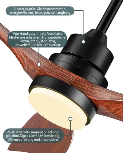 Detalle 2 de Forrovenco 132 cm Ventilateur Plafond Bois avec Lumière et Télécommande – 3 Pales Noyer