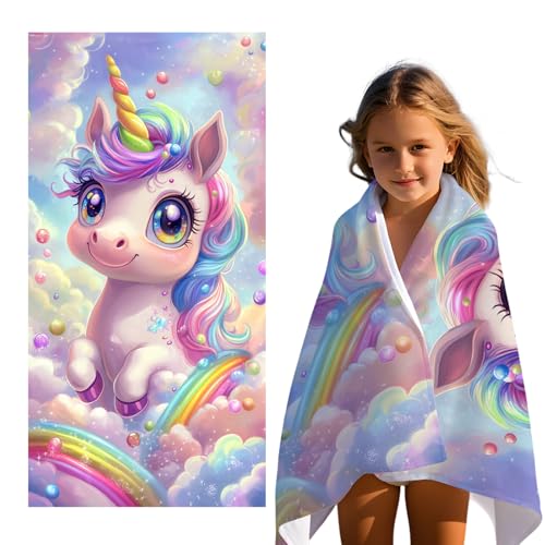 Detalle de Rowjoy Einhorn Kinder Strandtuch 60 × 120 cm – Mikrofaser, sandfest, schnell trocknend, pink
