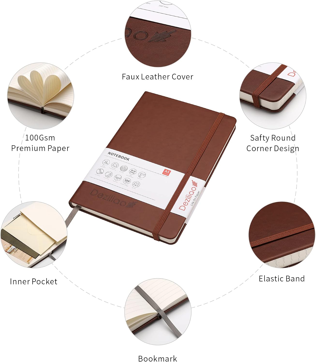 Detalle de Deziliao D0005 Hardcover Notebook, 160 Pages, 100 gsm Ivory Paper, Brown