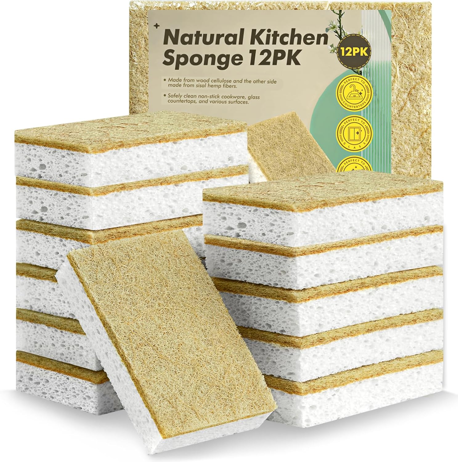 Eco Washing Up Sponges 12 Pack — Natural Cellulose & Sisal non-scratch heavy duty dish sponges