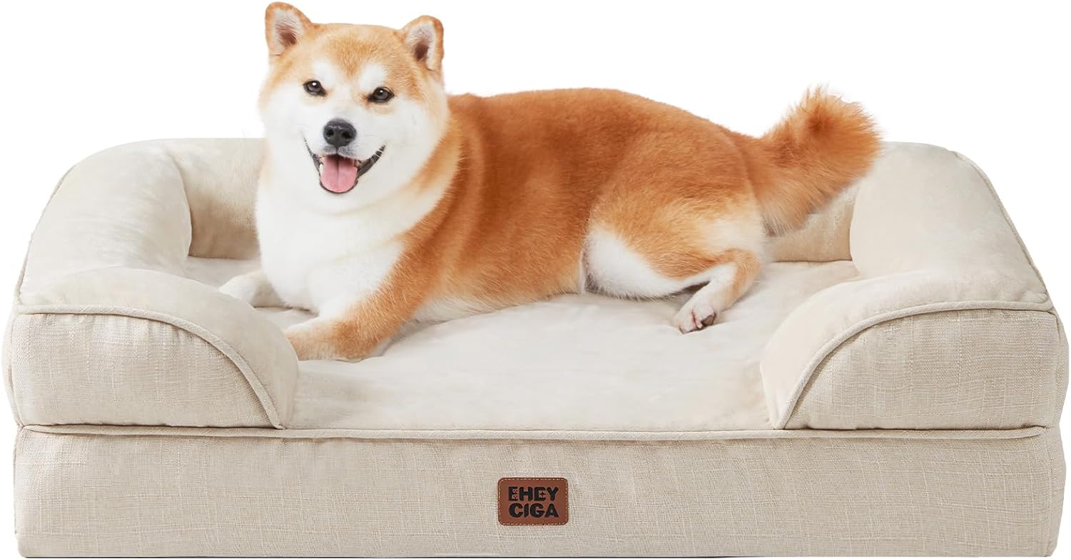 Detalle de EHEYCIGA orthopädisches Hundebett für kleine Hunde (89x56 cm) mit Memory-Schaum, beidseitig & abnehmbarer, waschbarer Bezug in Beige
