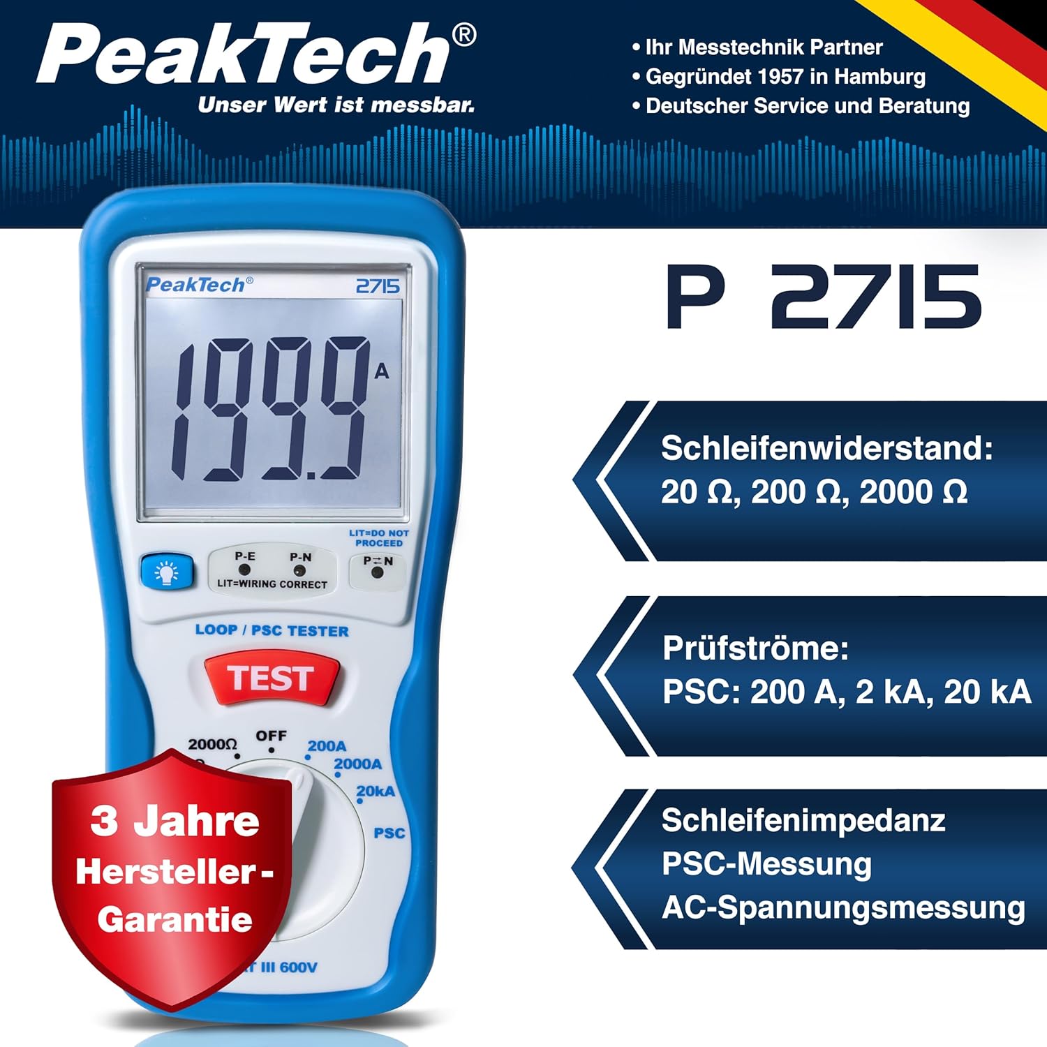 Detalle 2 de PeakTech P 2715 – Digitaler PSC-Schleifentester mit LCD-Display