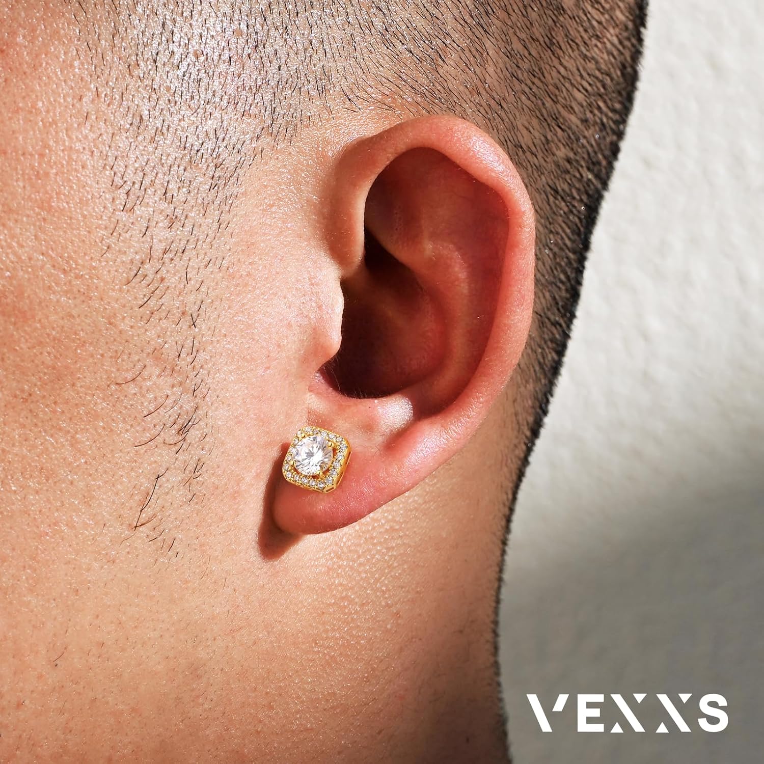 Detalle de VEXXS Herren Ohrringe Silber 925 mit 18K Gold/Weißgold Beschichtung und 5A Zirkonia – robust, hypoallergen