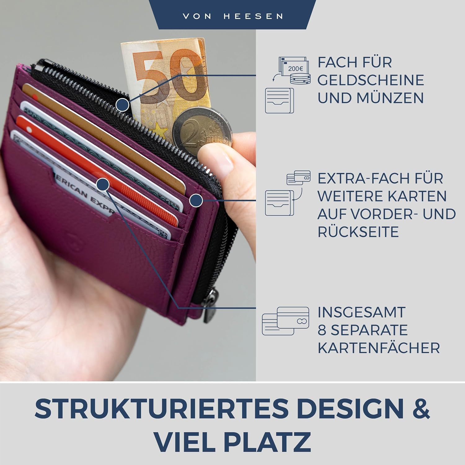Detalle de VON HEESEN Leder Kartenetui Geldbörse für Herren & Damen (Medium, Pink)