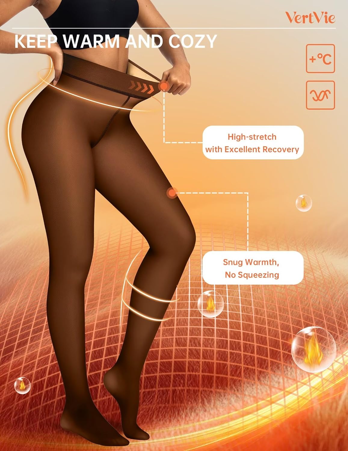 Detalle de Vertvie Fleece-Lined Tights, Fake-Sheer Look, High Waist, One-Seam Crotch