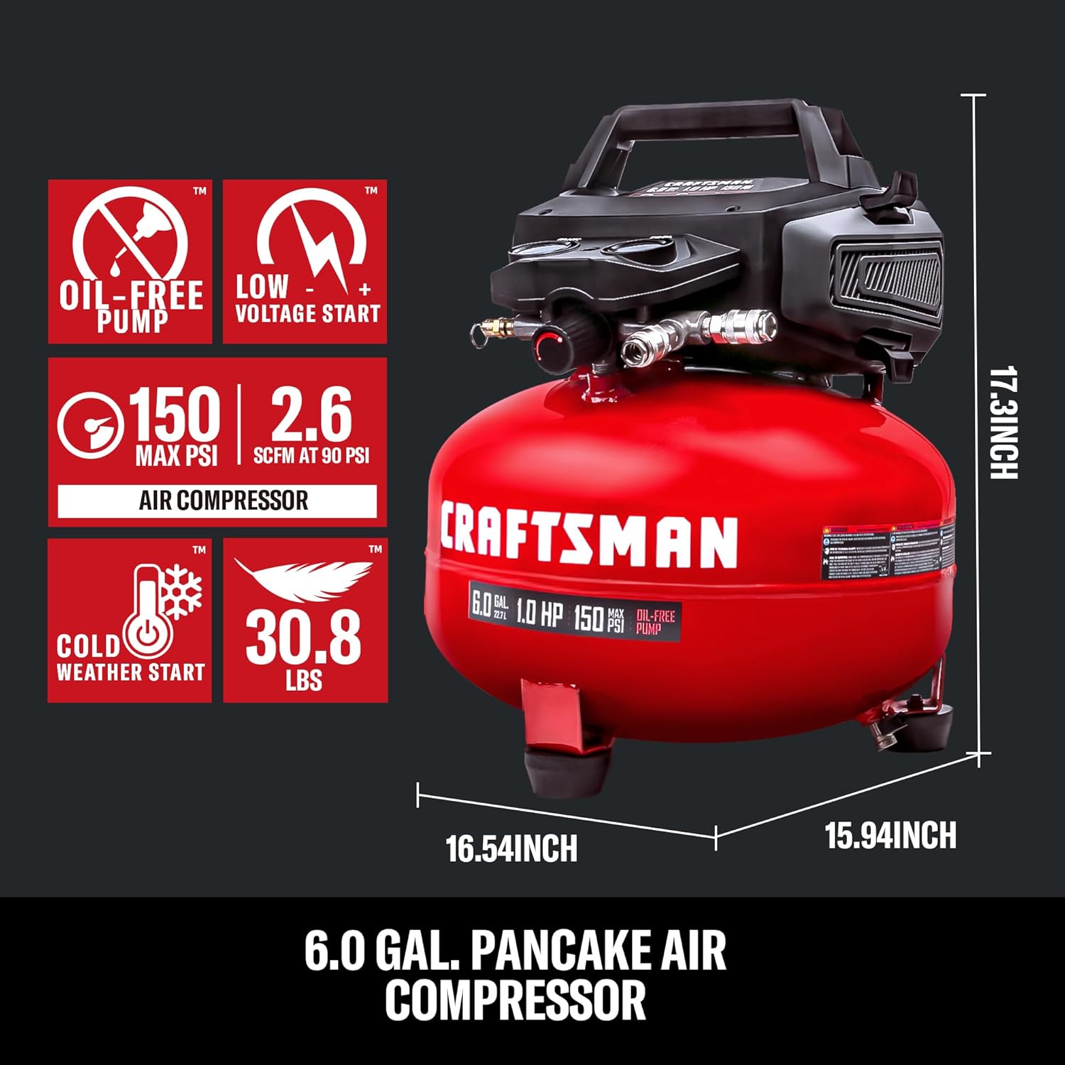 Thumbnail 2 de Craftsman CMXECXA0210641C 6-Gallon Portable Pancake Air Compressor (Oil-Free, Max 150 PSI, 1 HP)