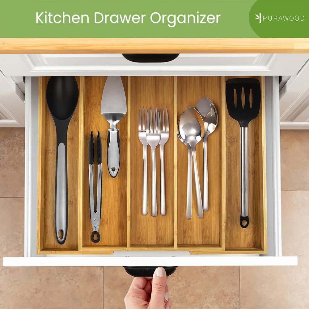 Thumbnail 5 de Purawood Kitchen Drawer Organizer - Expandable Bamboo Silverware Tray (3-5 Slots)