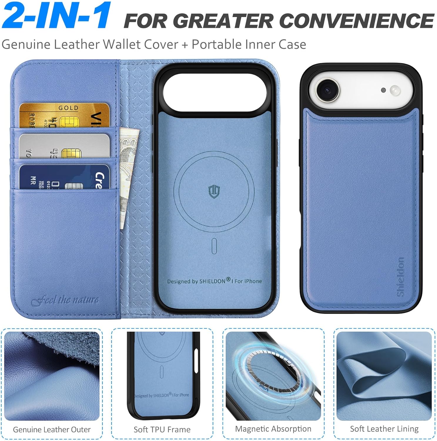 Detalle de SHIELDON Hülle für iPhone Air 6,5" 2025 – 2in1 Echtleder Hülle mit RFID-Blocker, Ständer und Magnetverschluss (Glyzinie Violett)