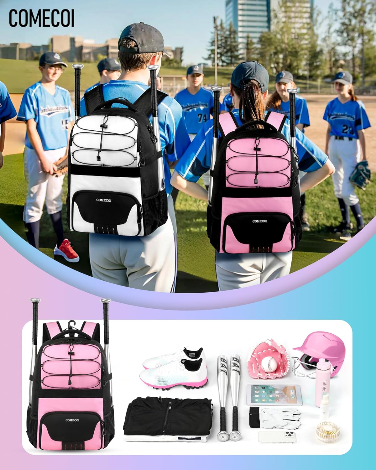 Thumbnail 5 de COMECOI Softball Bag: Lightweight Baseball Backpack with Shoes Compartment & Dugout Fence Hook