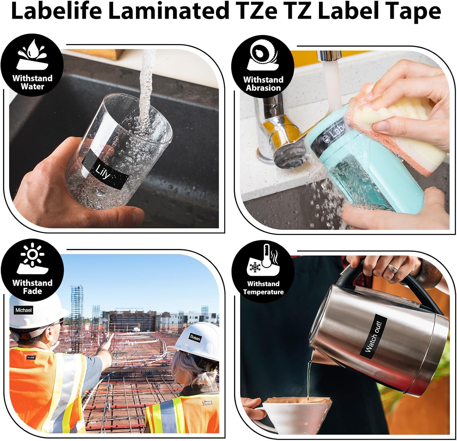 Thumbnail 4 de Labelife 4-Pack White on Black TZe-335 Laminated Tape for Brother P-Touch (12mm, 8m each)