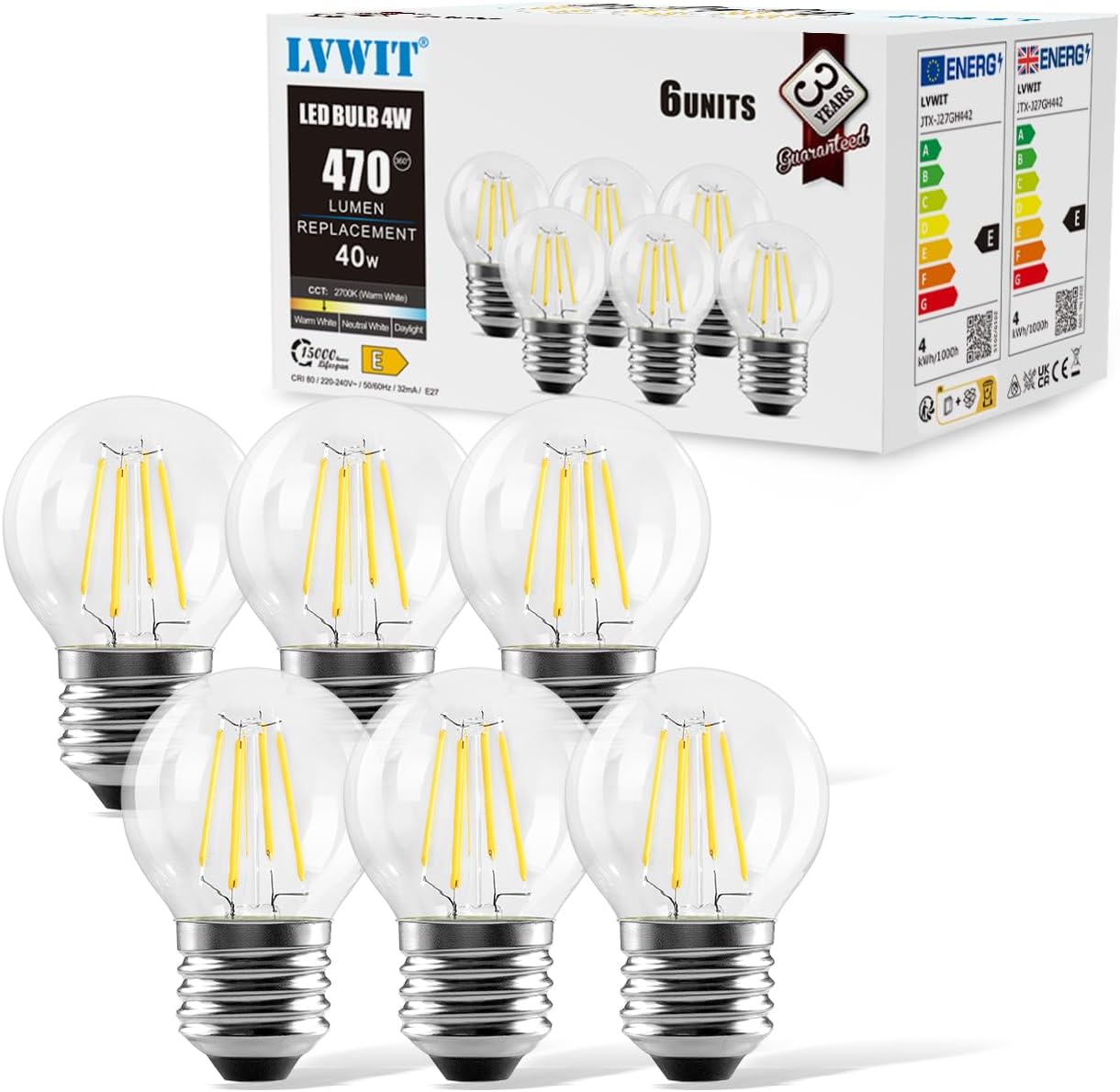 Detalle de LVWIT 4W G45 LED Filament Golfball Bulb (6 Pack) – Warm White, 2700K, 470Lm, Non-dimmable, E27 Base
