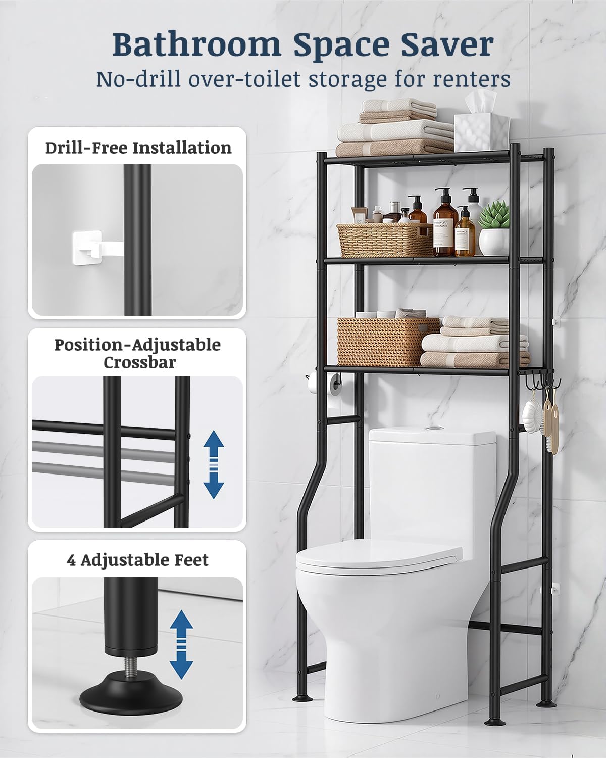 Thumbnail 6 de GloTika OT3-Black 3-Tier Over-Toilet Storage Shelf, Black Carbon Steel