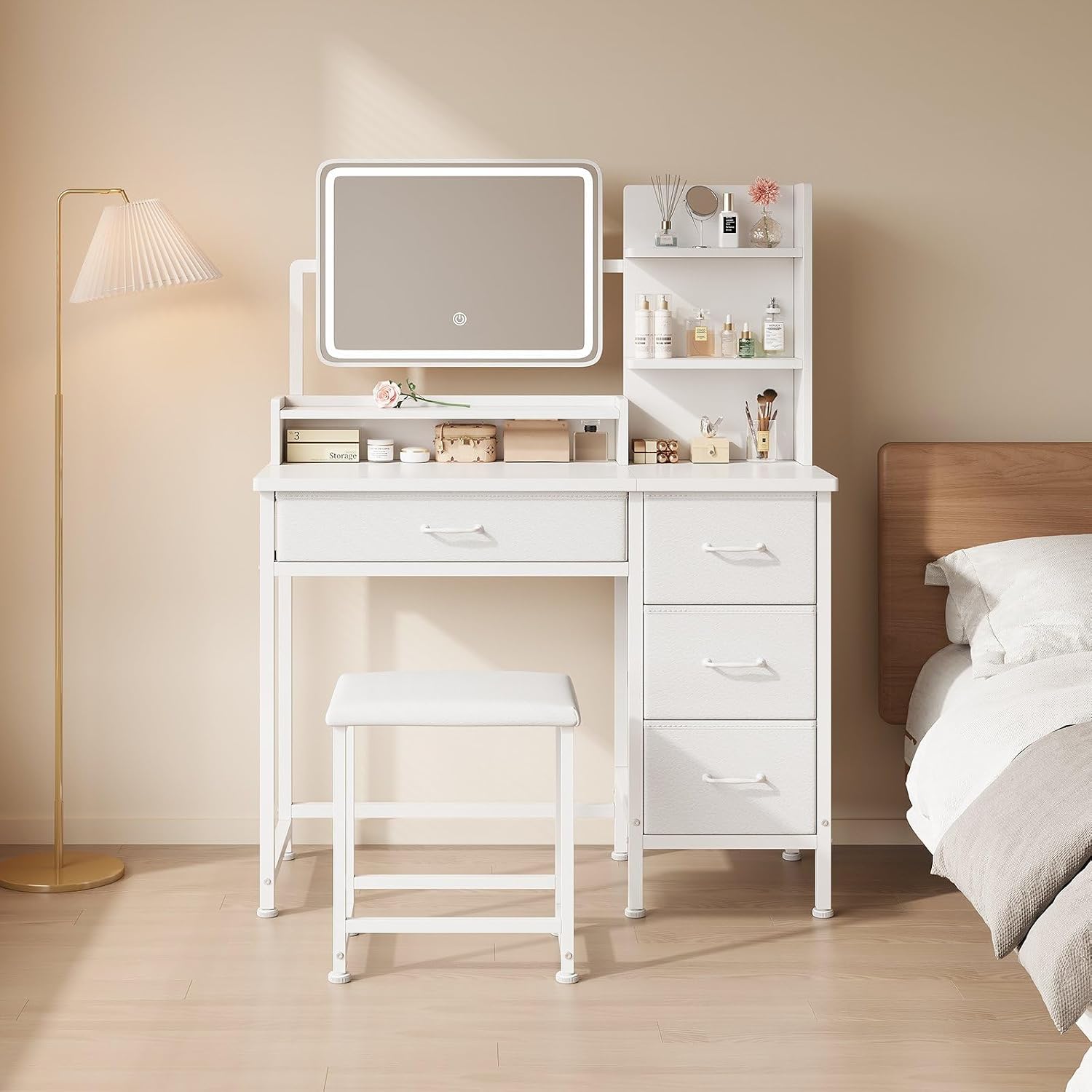 Detalle de YeTom MAKEUP_VANITY Vanity Desk with LED Mirror, 4 Fabric Drawers and Adjustable Brightness