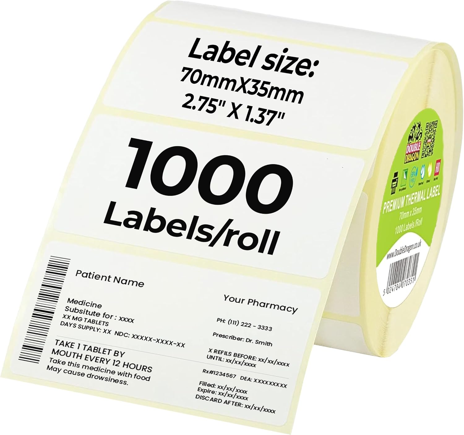 Detalle de Double Dragon 57x32 Direct Thermal Labels on Roll – 1000 Labels, Permanent Adhesive