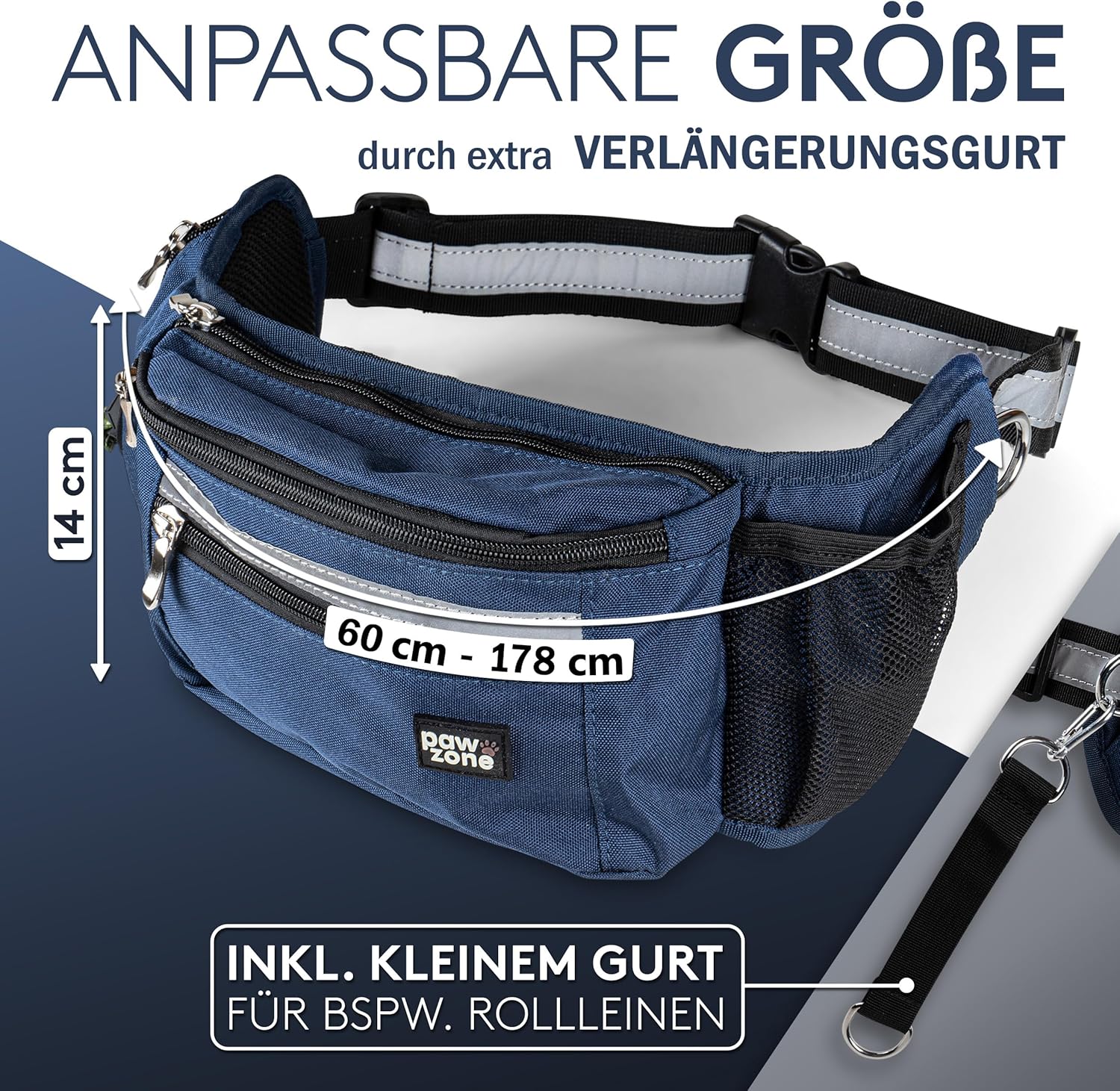 Thumbnail 1 de PAWZONE Futterbeutel für Hunde (Leckerlibeutel) mit Reflektorband & Zusatzgurt – Gassitasche in Marineblau