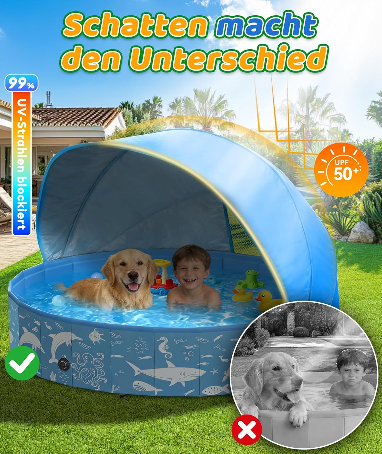 Detalle de EPN Hundepool mit Sonnendach 140 cm – faltbarer PVC-Pool für große Hunde im Garten