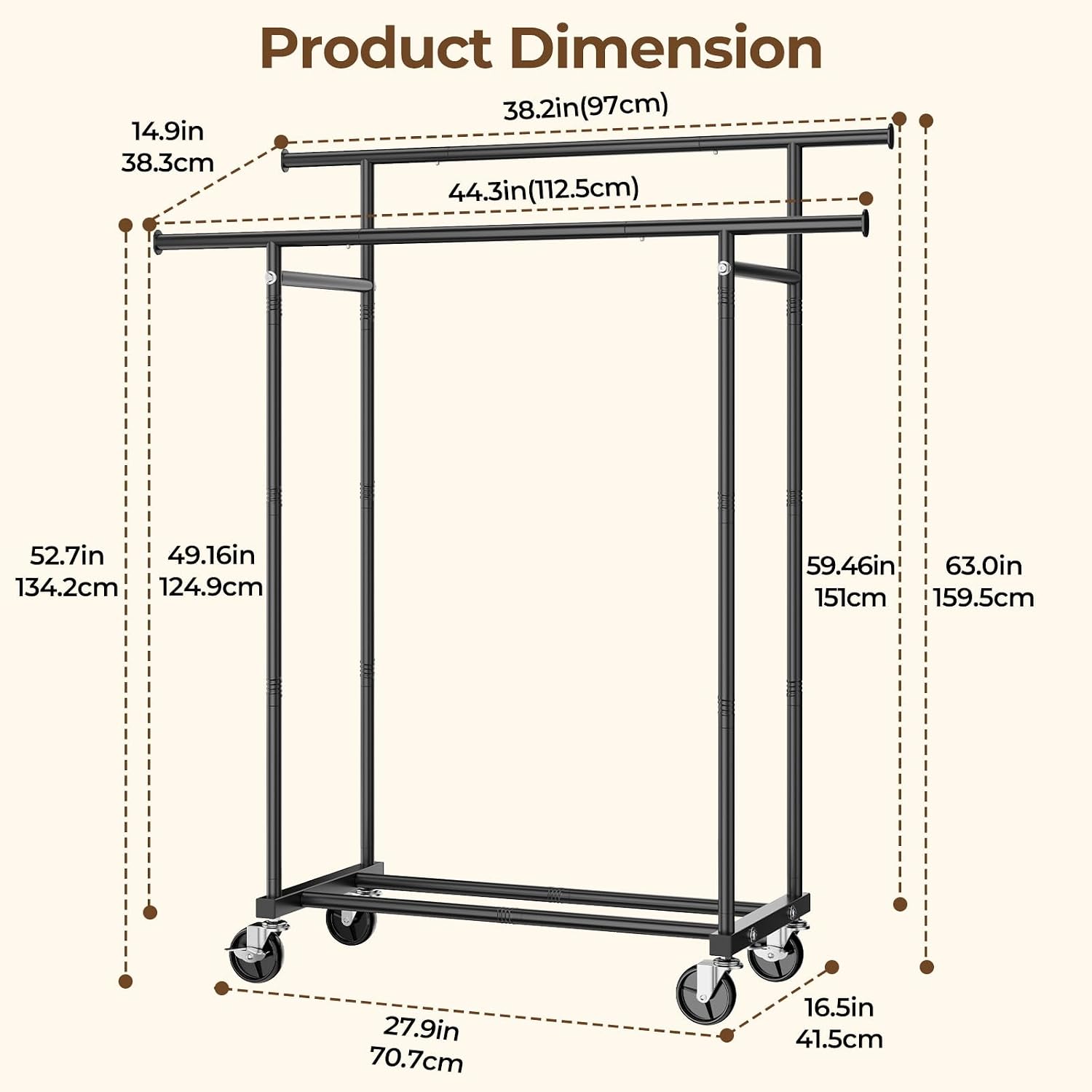 Thumbnail 6 de HYSEYY HY-1315-BLACK1 Double-Rod Garment Rack with Shelf and Swivel Wheels