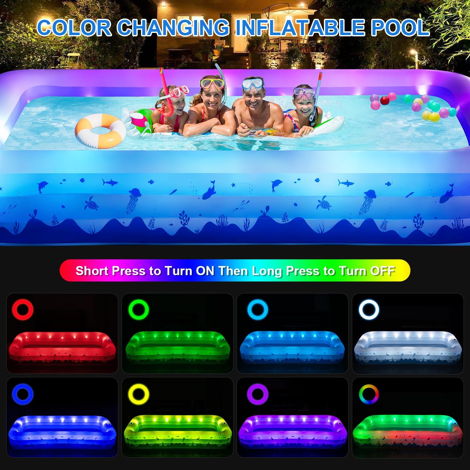Detalle de Large Inflatable Pool with Lights (145" x 74" x 22") — Solar-Powered, UV-Resistant, 744-Gallon Family Pool