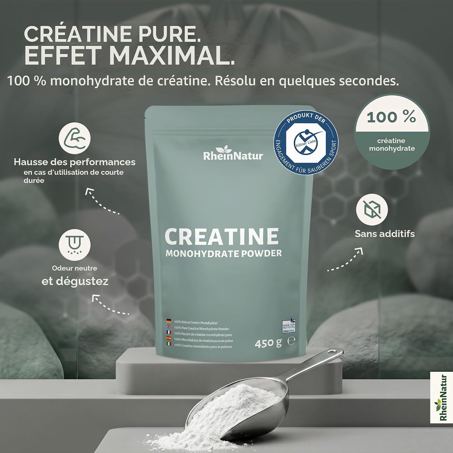 Detalle 2 de RheinNatur RN-CREATIN-450G creatinemonohydraat, 450 g, gemicroniseerd en smaakloos
