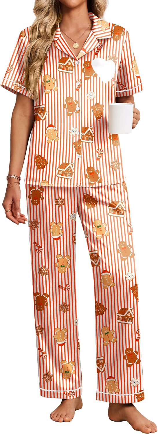 Detalle de Ekouaer Women's Satin Pajama Set, Short-Sleeve Button-Down Top & Wide-Leg Pants