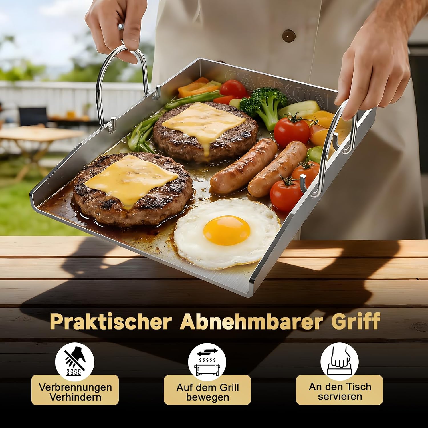 Detalle de Camxon Universelle Edelstahl Plancha Grillplatte 40.5×31 cm – 5 mm, Fettablauf, spülmaschinenfest inkl. Spachteln