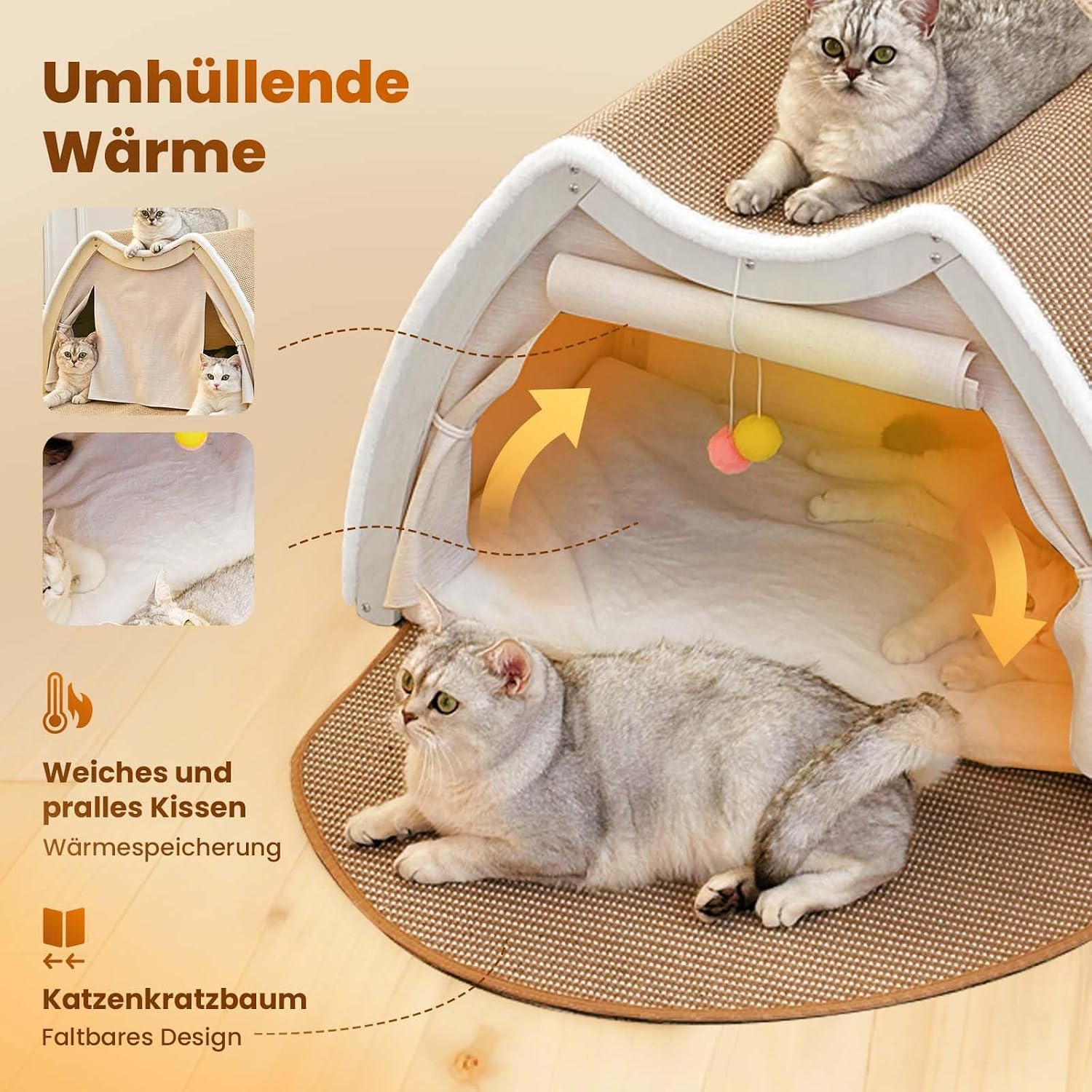 Detalle de Katzenzelt Sisal Kratzhaus: 2-in-1 Katzenhaus & Kratzbrett (Beige, 62x50x43 cm)