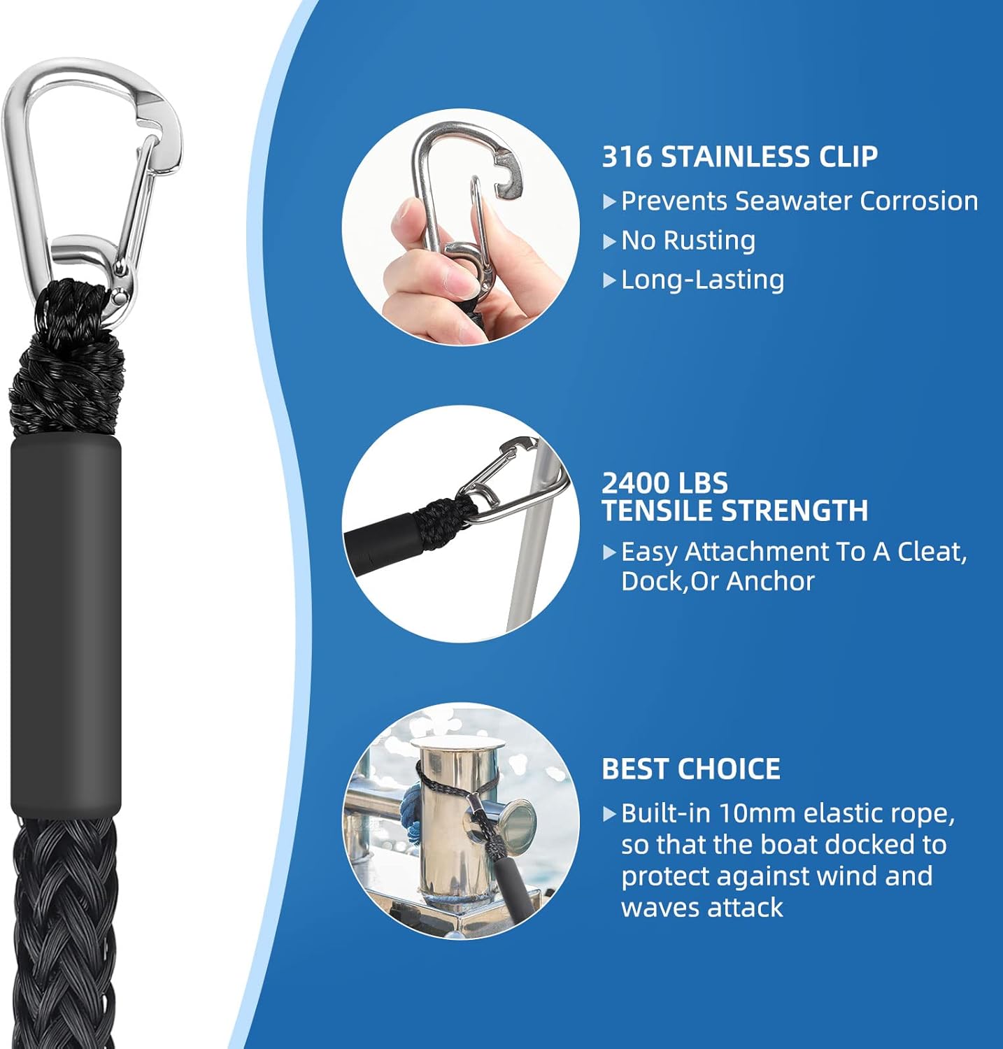 Thumbnail 2 de Bungee Dock Lines for Boats (4 ft, 2-Pack) with Shock Absorption and 316 Stainless Clips