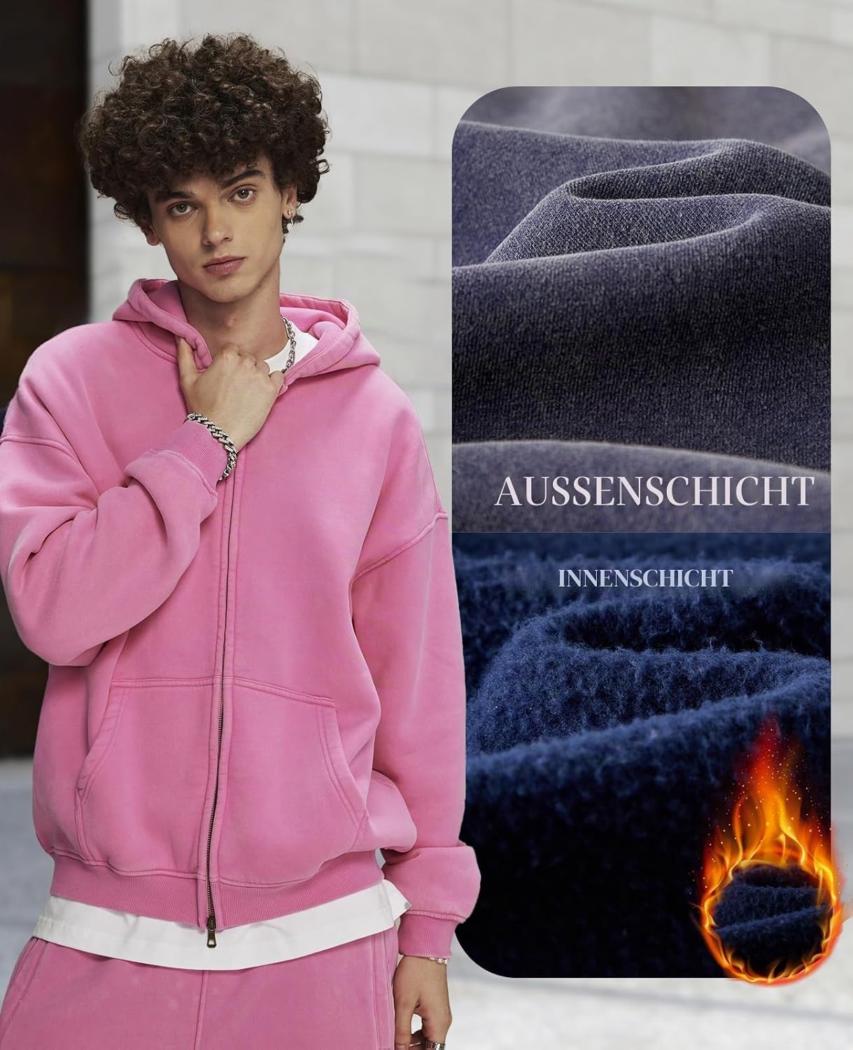 Detalle de HOUZONIY Herren Fleece-Kapuzenpulli mit durchgehendem Reißverschluss – Oversized Zip Hoodie Y2k Hip Hop Stil