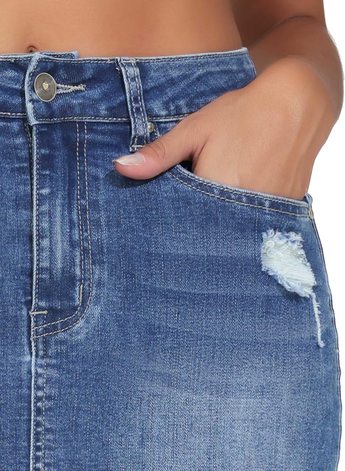 Detalle de THE GYM PEOPLE Women's Ripped Denim Mini Skirt, Stretch Denim, Raw Hem