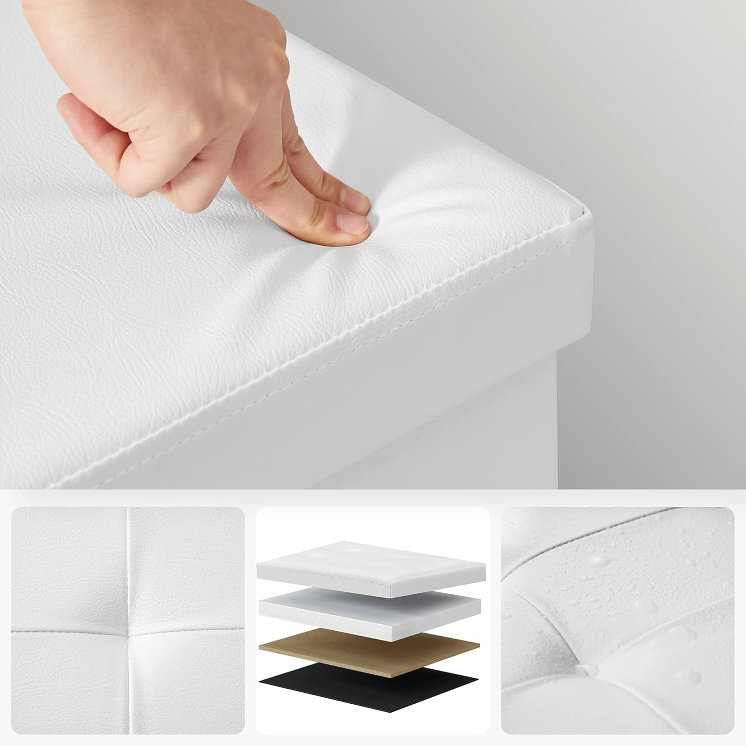 Detalle de SONGMICS Pouf Contenitore 131 L - Cassapanca da 110 cm, coperchio ribaltabile, sedile imbottito, bianco LSF75WT
