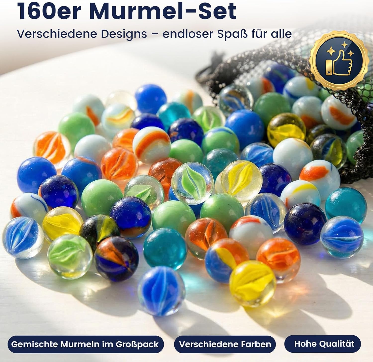 Detalle de HAKACC Glasmurmeln 160er Set, 16 mm – farblich gemischte Murmeln mit Muster, ideal für Spiel, Deko & DIY