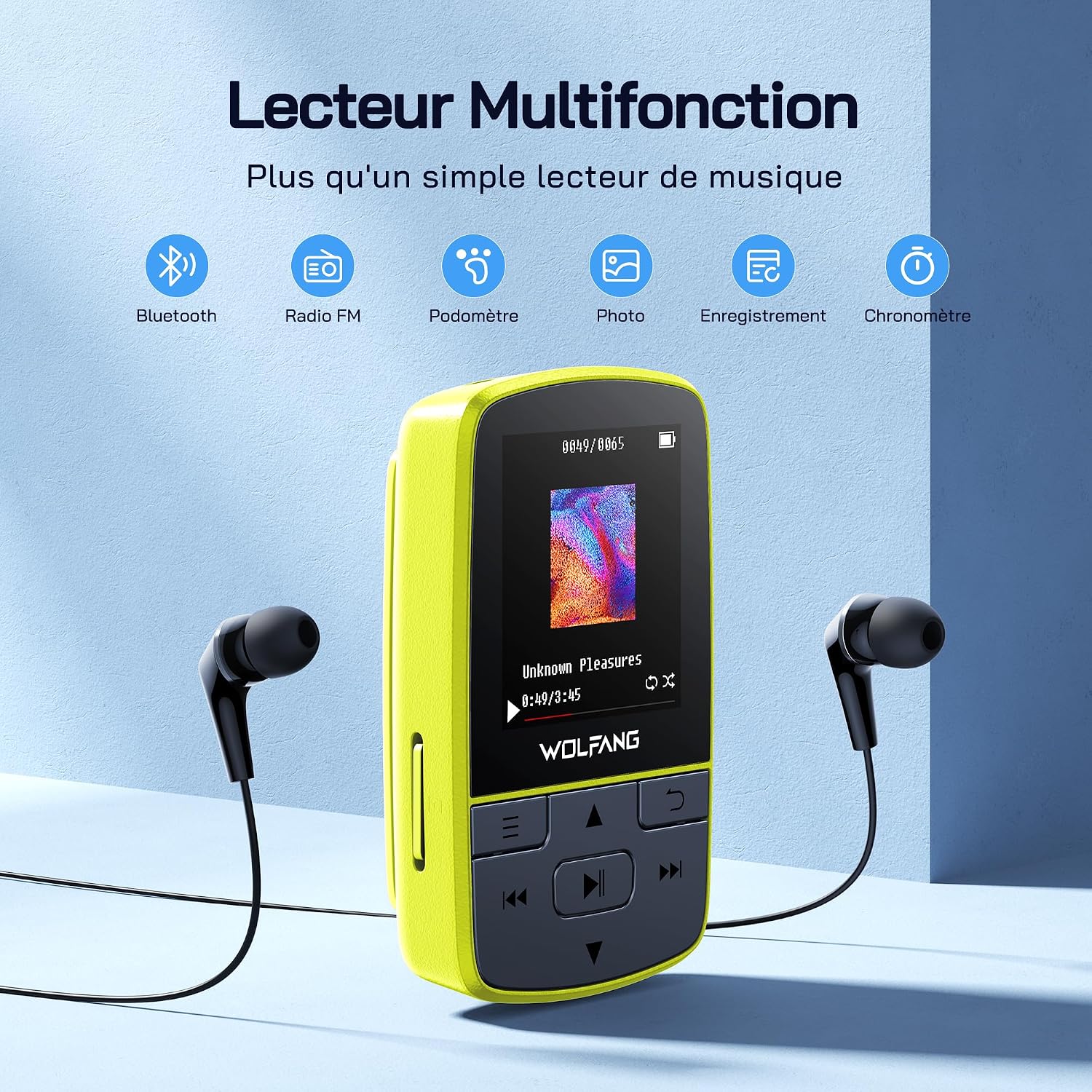 Detalle 2 de WOLFANG Lecteurs MP3 avec Bluetooth 5.2, Clip Sport — Mini, 28 g, FM HiFi, Écouteurs Inclus