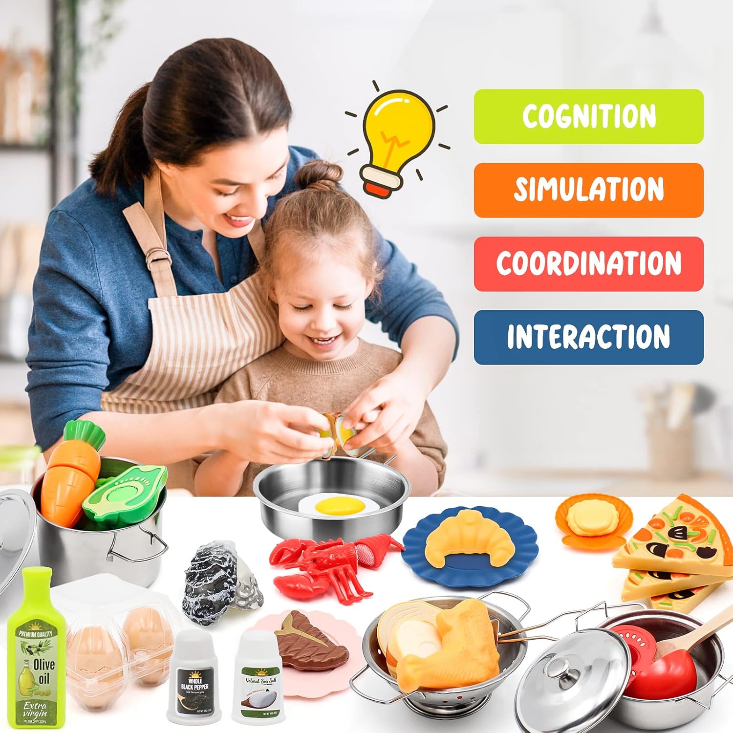 Detalle 2 de 37Items 59Pc Kids Pretend Play Kitchen Accessories Set (Stainless Steel Pots & Pans)