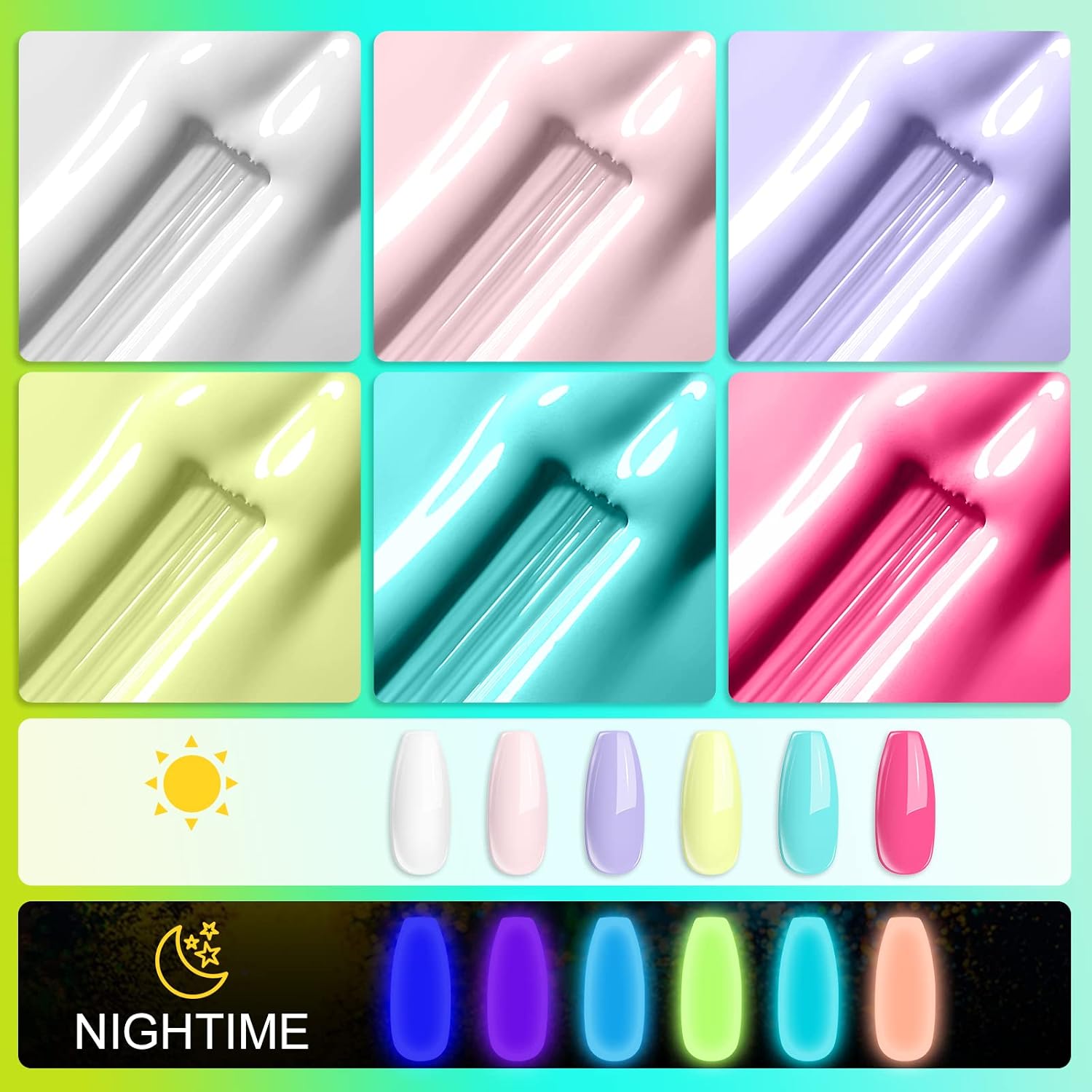 Detalle 2 de TOMICCA Night Glow Nagellack Set 6 Farben
