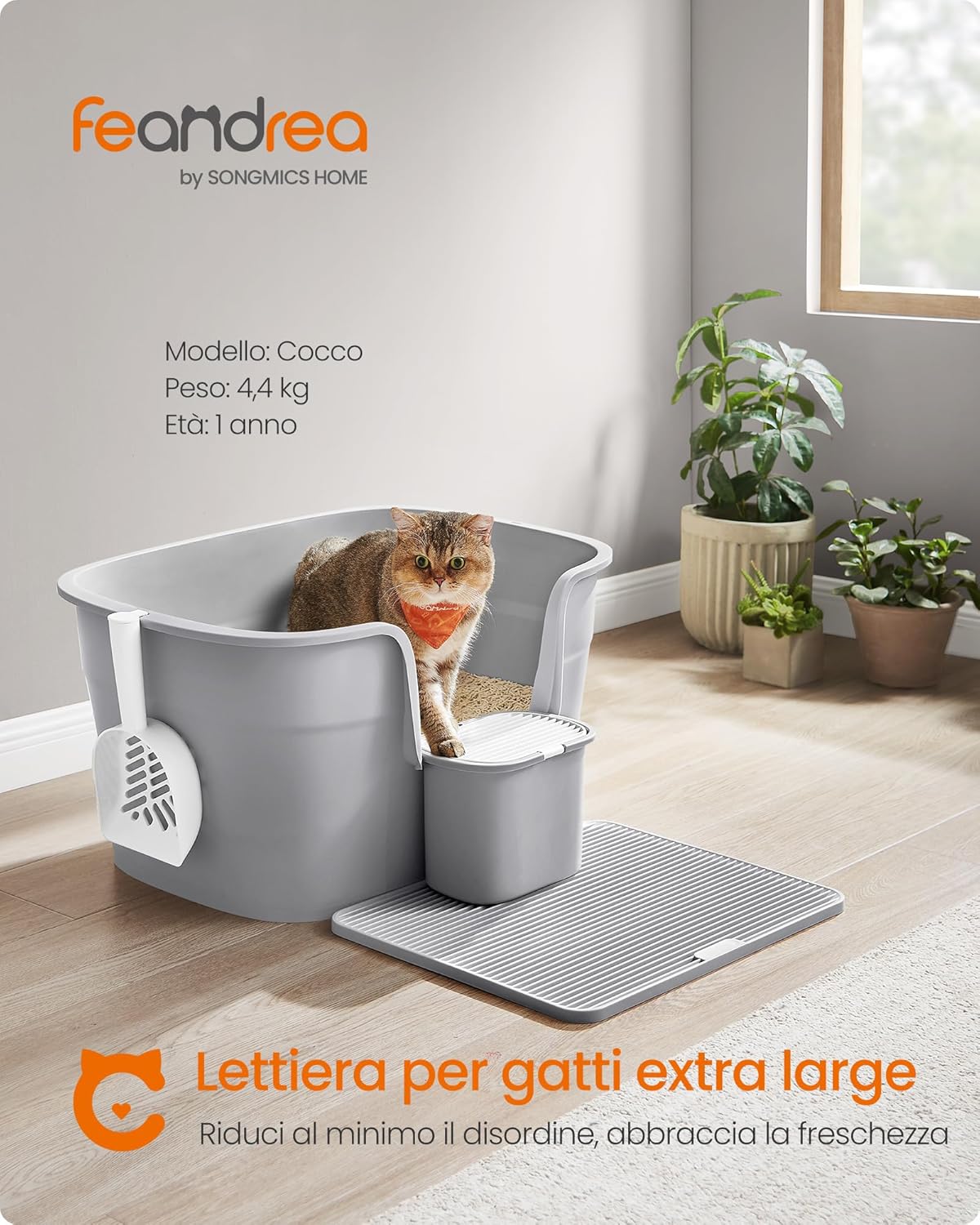 Detalle de Feandrea Lettiera per Gatti in Casa Extra Larga con Lati Rialzati e Tavola Raccogli Lettiera – Grigio Tortora PPT003G01