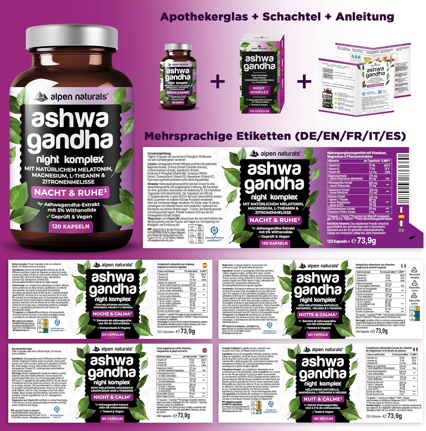 Thumbnail 3 de Ashwagandha Night Komplex – 120 vegane Kapseln mit natürlichem Melatonin, Magnesium & Vitaminen (Made in Germany, laborgeprüft)