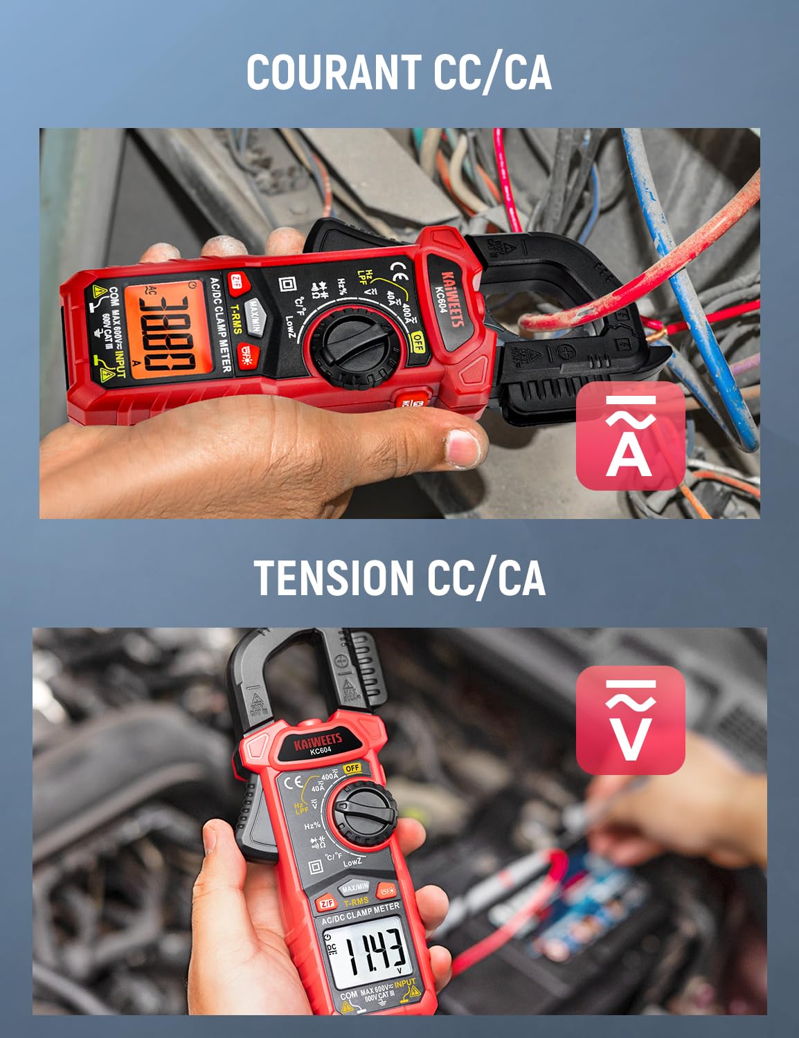 Detalle de KAIWEETS KC604 : pince ampèremètre AC/DC T‑RMS avec mesure courant, tension, continuité et test diodes