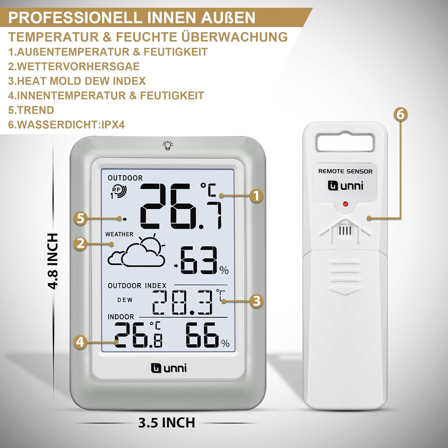 Thumbnail 4 de U UNNI Funk-Wetterstation mit Außensensor (Batteriebetrieb) – Wettervorhersage, °C/°F & 2 Helligkeitsstufen